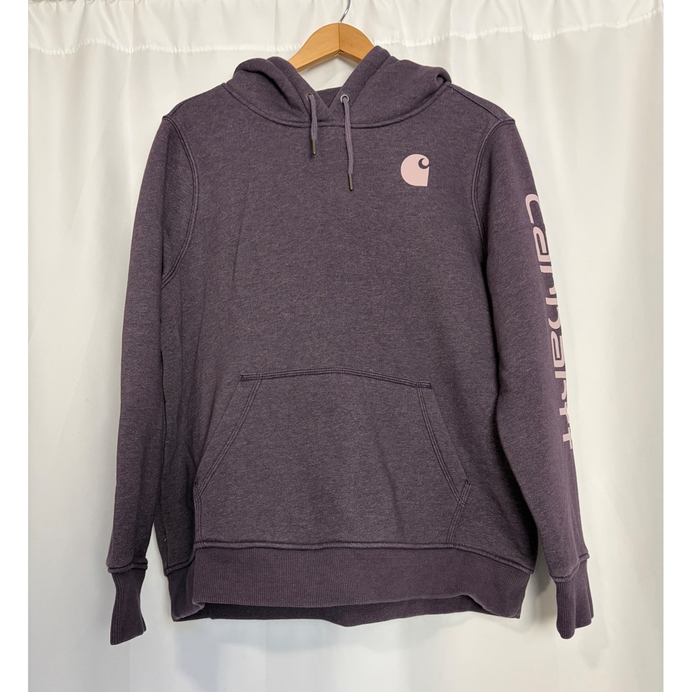 Carhartt Womens XL Relaxed Fit Hoodie Purple Pink Logo Graphic Sweatshirt Cozy
